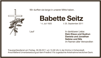 Traueranzeige von Babette Seitz von Pegnitz-Zeitung